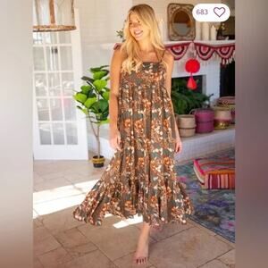 Natural Life Nina Brown Floral Boho Midi Dress Large